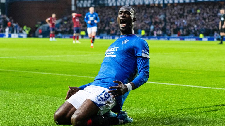 GLASGOW, SCOTLAND - JANUARY 02: Rangers&#39; Abdallah Sima celebrates as he scores to make it 2-0 during a cinch Premiership match between Rangers and Kilmarnock at Ibrox Stadium, on  January 02, 2024, in Glasgow, Scotland. (Photo by Paul Devlin / SNS Group)