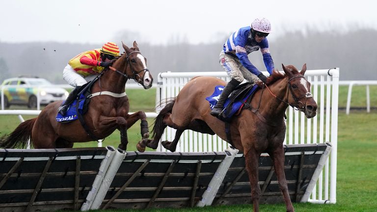 Captain Teague gets ahead of Lookaway in the Challow Novices&#39; Hurdle at Newbury