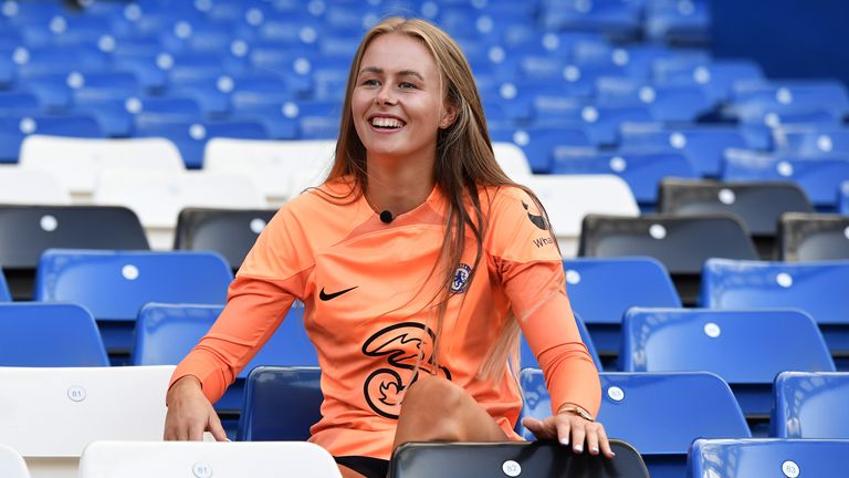 Hannah Hampton poses for a photo at Stamford Bridge after signing for Chelsea