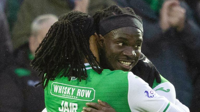EDINBURGH, SCOTLAND - JANUARY 02: Hibernian&#39;s Elie Youan celebrates with Jair Tavares after making it 1-0 during a cinch Premiership match between Hibernian and Motherwell at Easter Road, on January 02, 2024, in Edinburgh, Scotland. (Photo by Mark Scates / SNS Group)