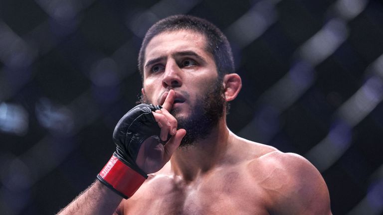 Islam Makhachev celebrates after his knockout win over Alexander Volkanovski at UFC 294 in Abu Dhabi