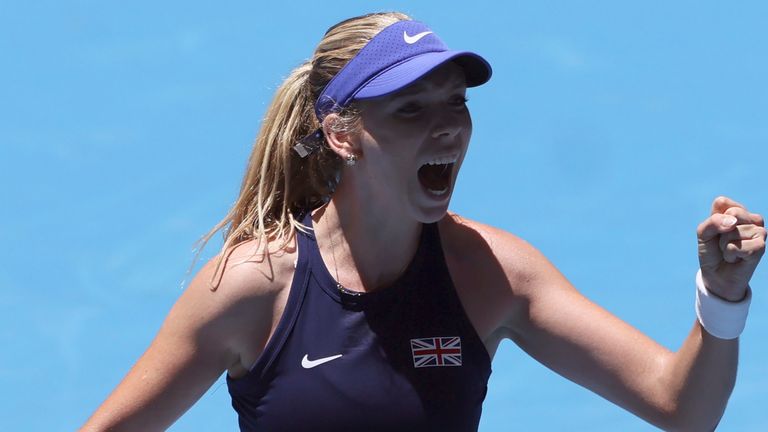 Katie Boulter of Britain celebrates winning her match over Jessica Pegula of the United States during the United Cup tennis tournament in Perth, Australia, Sunday, Dec. 31, 2023. (AP Photo/Trevor Collens)