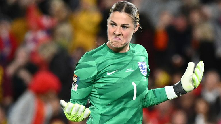England&#39;s goalkeeper Mary Earps reacts after saving Spain&#39;s penalty kick during the Women&#39;s World Cup soccer final between Spain and England at Stadium Australia in Sydney, Australia,