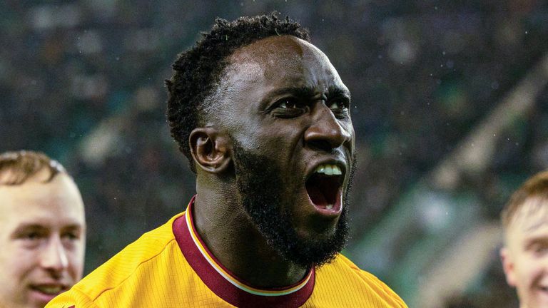 EDINBURGH, SCOTLAND - JANUARY 02: Motherwell&#39;s Bevis Mugabi celebrates after making it 2-1 during a cinch Premiership match between Hibernian and Motherwell at Easter Road, on January 02, 2024, in Edinburgh, Scotland. (Photo by Mark Scates / SNS Group)