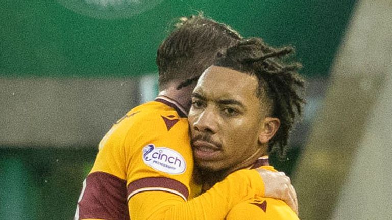 EDINBURGH, SCOTLAND - JANUARY 02: Motherwell&#39;s Theo Bair celebrates after making it 1-1 during a cinch Premiership match between Hibernian and Motherwell at Easter Road, on January 02, 2024, in Edinburgh, Scotland. (Photo by Mark Scates / SNS Group)