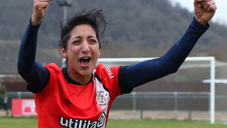 Sam Khan celebrates after her goal earned Luton Town Ladies a place in the Women&#39;s FA Cup fourth round