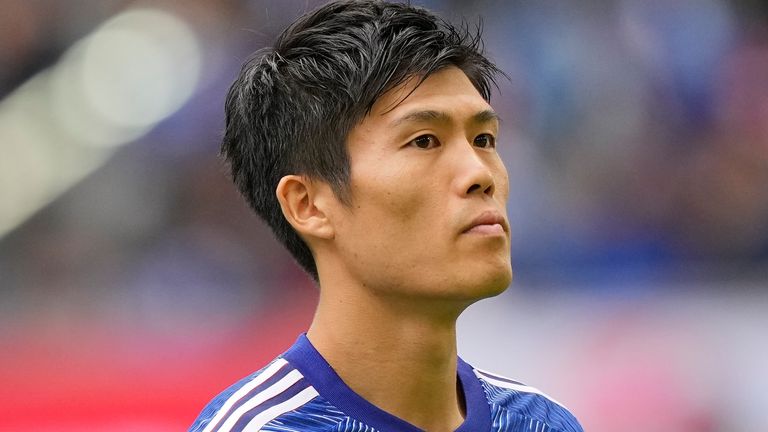 Japan&#39;s Takehiro Tomiyasu is pictured prior the international friendly soccer match between USA and Japan in Duesseldorf, Germany, Friday, Sept. 23, 2022. (AP Photo/Martin Meissner)